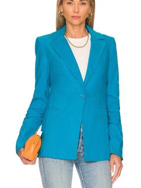 Alice + Olivia Linen Blend Single Button Blazer 8 Ocean Blue Office Workwear